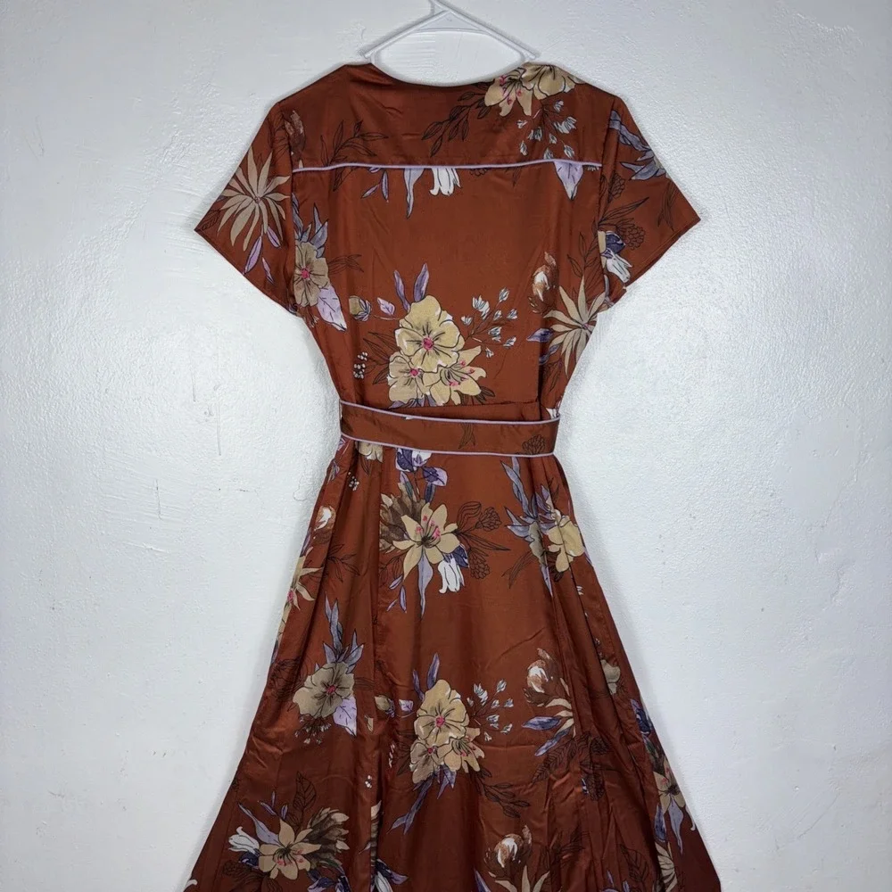 Hutch Anthropologie Women's Floral Belted Brown Maxi Dress Short Sleeves Size‎ 2 - Picture 4 of 10